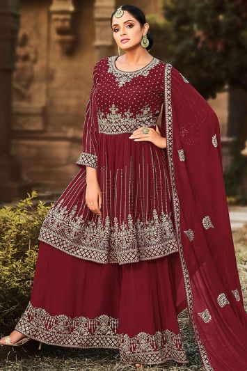 Buy Faux Georgette Maroon Color Sharara Suit with Lace Border