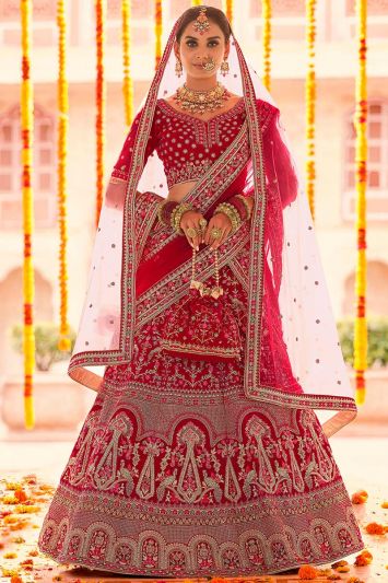 Buy For Bride This Velvet Lehenga Choli in Red Color