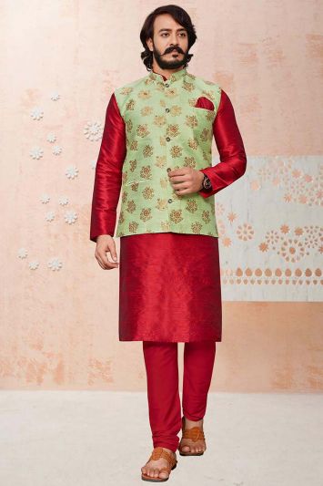 Buy For Eid Party This Red Art Silk Kurta with Jacket