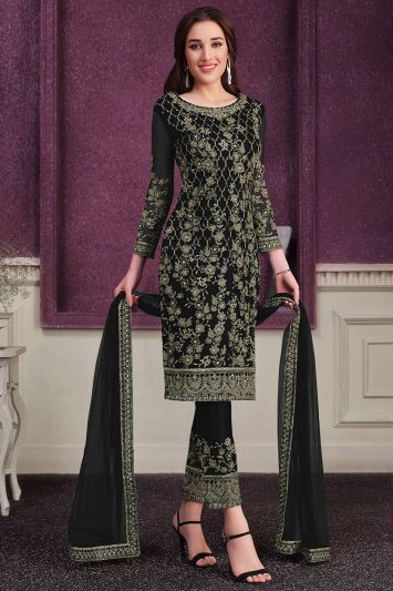 Buy For Eid This Butterfly Net Straight Pant Suit in Black Color