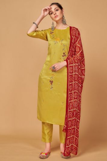 Buy For Haldi Lord Silk Fabric Straight Pant Suit in Yellow Color