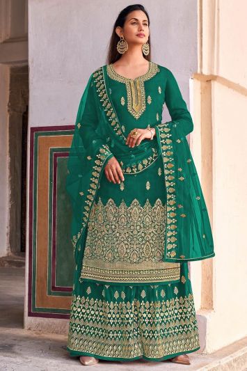 Buy For Mehndi Dola Jacquard Fabric Sharara Suit in Green Color