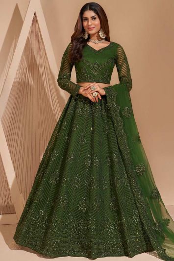 Buy For Mehndi Net Fabric Lehenga Choli in Green Color