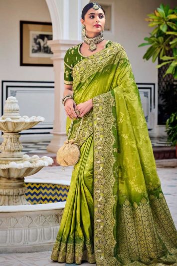 Buy For Mehndi Parrot Green Banarasi Silk Fabric Saree