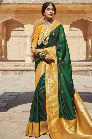 Buy For Mehndi Silk Fabric Saree in Green Color