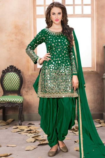 Buy For Mehndi Taffeta Silk Green Color Patiala Suit