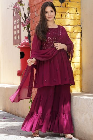 Buy For Sangeet Burgundy Faux Georgette Fabric Sharara Suit