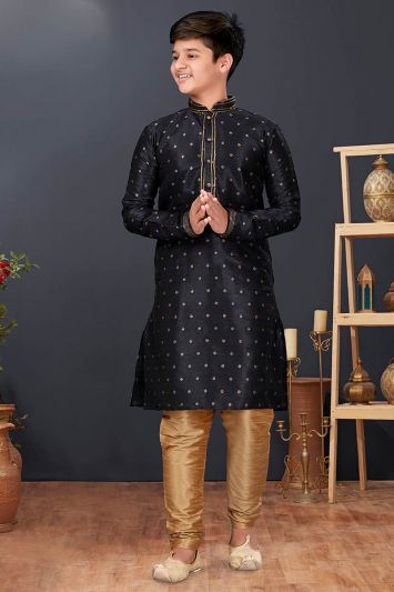 Buy For Special Party Mulberry Butti Fabric Kurta Pajama in Black Color
