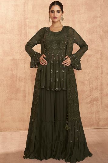 Buy For Walima Real Georgette Sharara Suit in Green Color