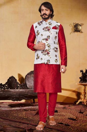 Buy For Wedding This Red Art Silk Kurta with Jacket