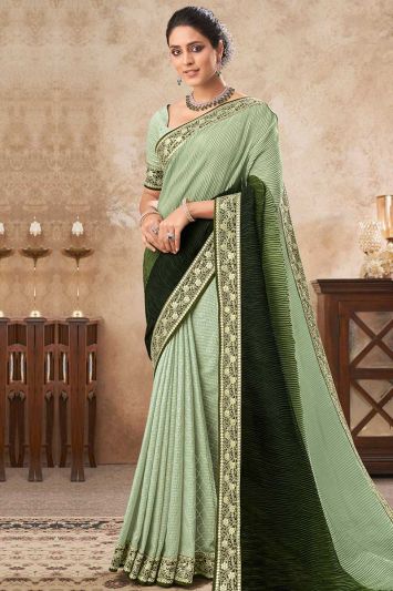 Buy Green Color Chinon Crush Fabric Saree with Lace Border