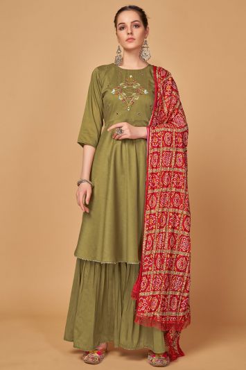 Buy Green Color Lord Silk Fabric Palazzo Suit For Mehndi Function