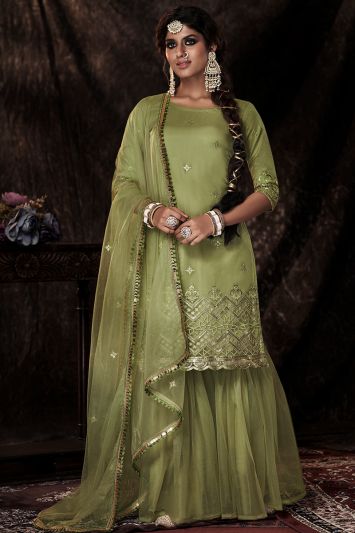 Buy Green Color Soft Net Fabric Sharara Suit For Mehndi