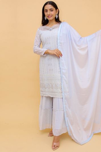 Buy Grey Color Georgette Fabric Palazzo Suit with Handwork