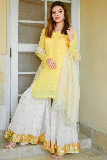 Buy Haldi Designer Net Sharara Suit in Yellow Color