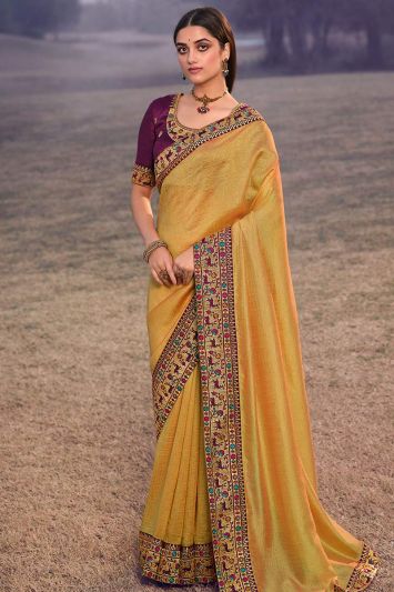 Buy Haldi Functional Light Yellow Vichitra Silk Fabric Saree