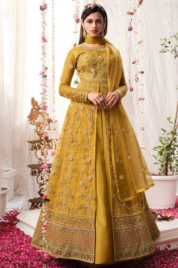 Buy Haldi Functional Mustard Butterfly Net Fabric Anarkali Suit