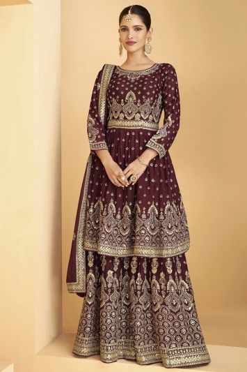 Buy Heavy Fox Georgette Fabric Palazzo Suit in Maroon Color