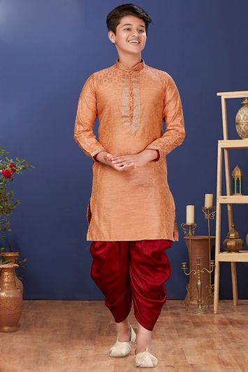 Buy Indian Traditional Jacquard Silk Kurta Pajama in Orange Color