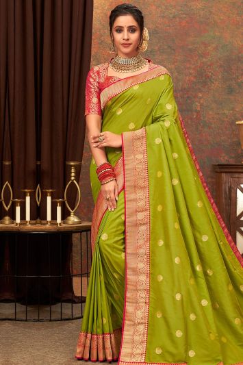 Buy Olive Green Color Banarasi Silk Fabric Saree