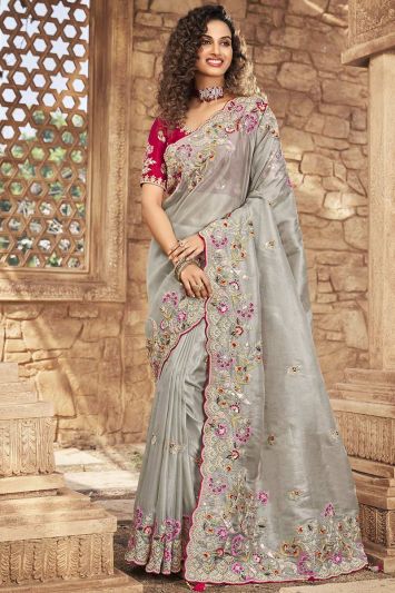 Buy Organza Net Fabric Saree in Grey Color