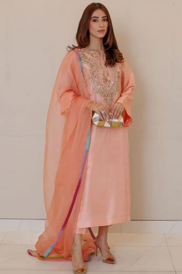 Buy Pakistani Peach Color Taffeta Silk Fabric Long Trouser Suit