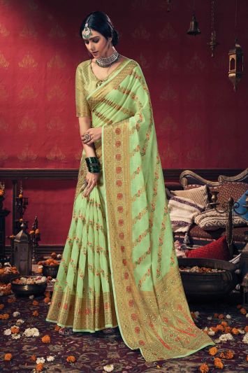 Buy Parrot Green Color Cotton Fabric Saree For Mehndi