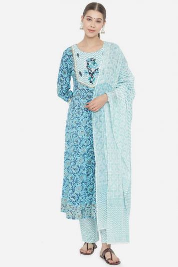 Buy Party Wear Blue Color Cotton Fabric Designer Kurti