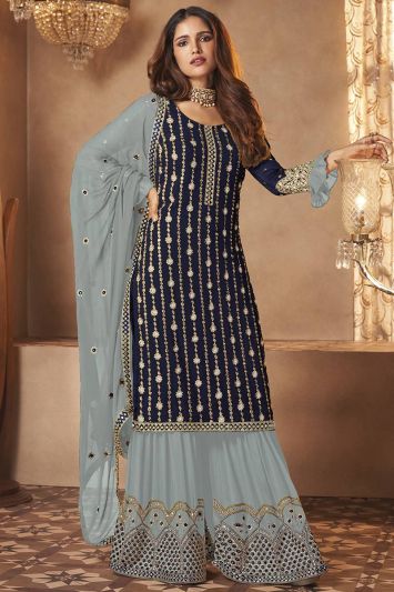 Buy Party Wear Faux Georgette Sharara Suit in Blue Color