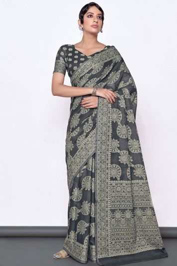 Buy Party Wear Lucknowi Cotton Fabric Saree in Black Color