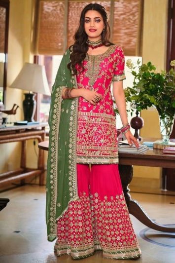 Buy Pink Georgette Sharara Suit with Lace Work
