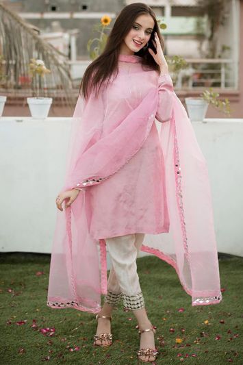 Buy Pink Silk Fabric Straight Pant Suit For Eid