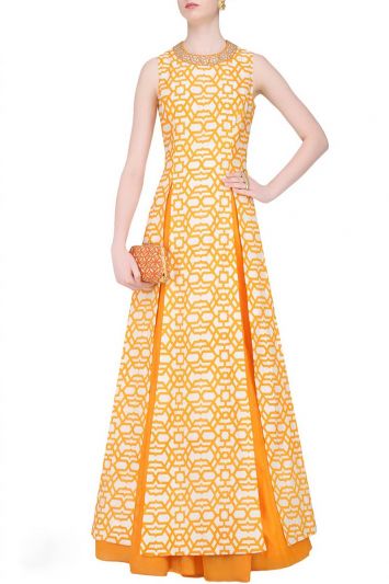 Buy Printed Art Silk Fabric Gown in Yellow Color