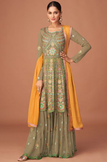 Buy Pure Georgette Fabric Sharara Suit in Light Green Color