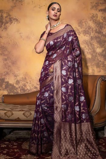 Buy Purple Color Span Cotton Fabric Saree with Jacquard Woven Work