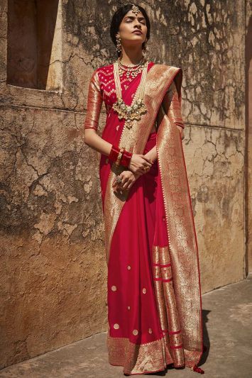 Buy Sangeet Wear Red Color Silk Fabric Saree