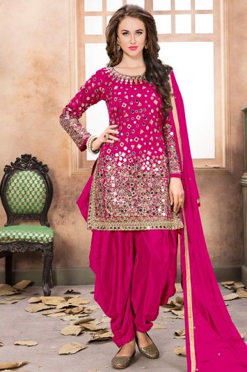 Buy Sangeet Wear Taffeta Silk Patiala Suit in Pink Color