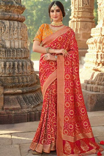 Buy Silk Fabric Red Color Saree with Jacquard Woven Work