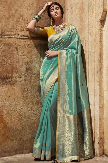 Buy Sky Green Colored Silk Fabric Saree