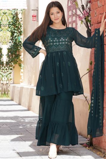 Buy Teal Color Faux Georgette Sharara Suit For Walima Night