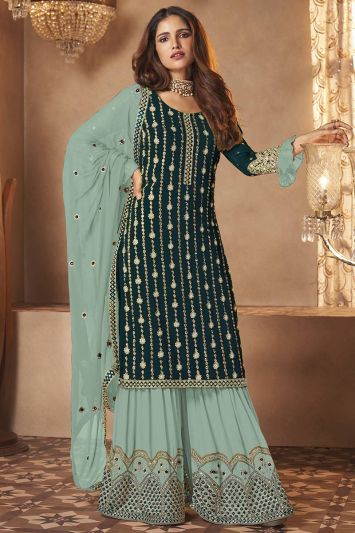 Buy This Beautiful Faux Georgette Sharara Suit in Green Color