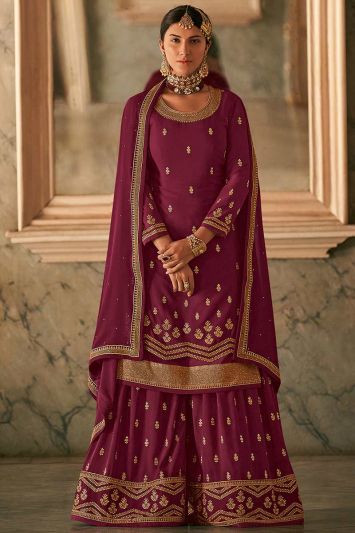 Buy This Designer Real Georgette Palazzo Suit in Burgundy Color