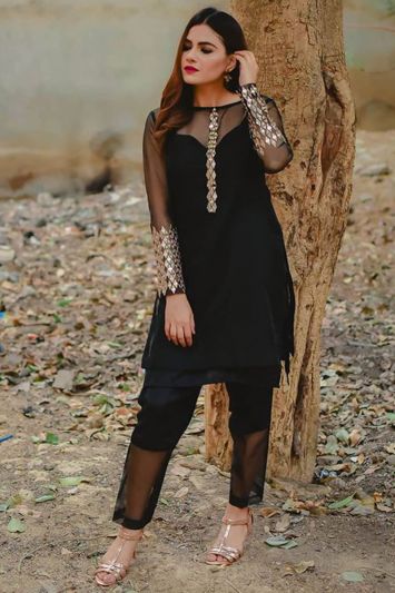 Buy This Embroidered Net Straight Pant Suit in Black Color