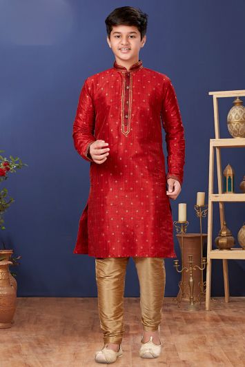 Buy This Indian Wear Mulberry Butti Silk Kurta Pajama in Red Color