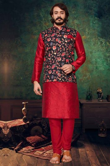 Buy This Party Wear Red Art Silk Kurta with Jacket