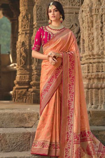 Buy This Silk Fabric Peach Color Walima Wear Saree