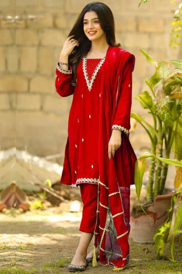 Buy This Silk Fabric Straight Pant Suit in Red Color