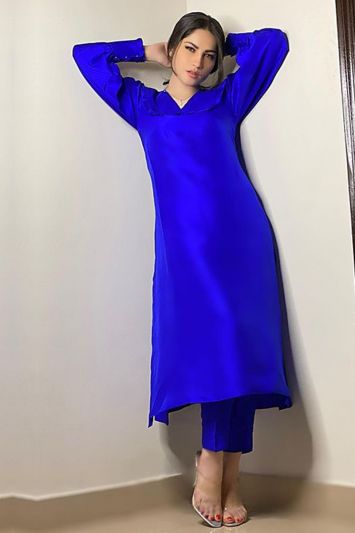 Buy This Taffeta Silk Fabric Trouser Suit in Royal Blue Color
