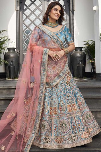 Buy Turquoise Color Velvet Fabric Lehenga Choli with Zari Work