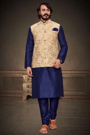 Buy Wedding Wear This Blue Art Silk Kurta with Jacket